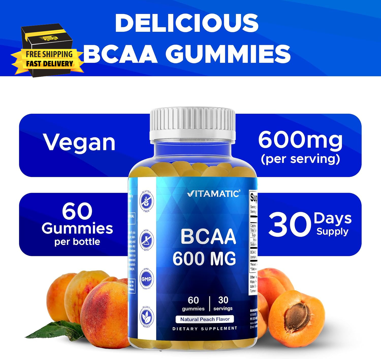 BCAA Gummies – Branch Chain Amino Acid Supplements – Peach Flavor – 600Mg per Se