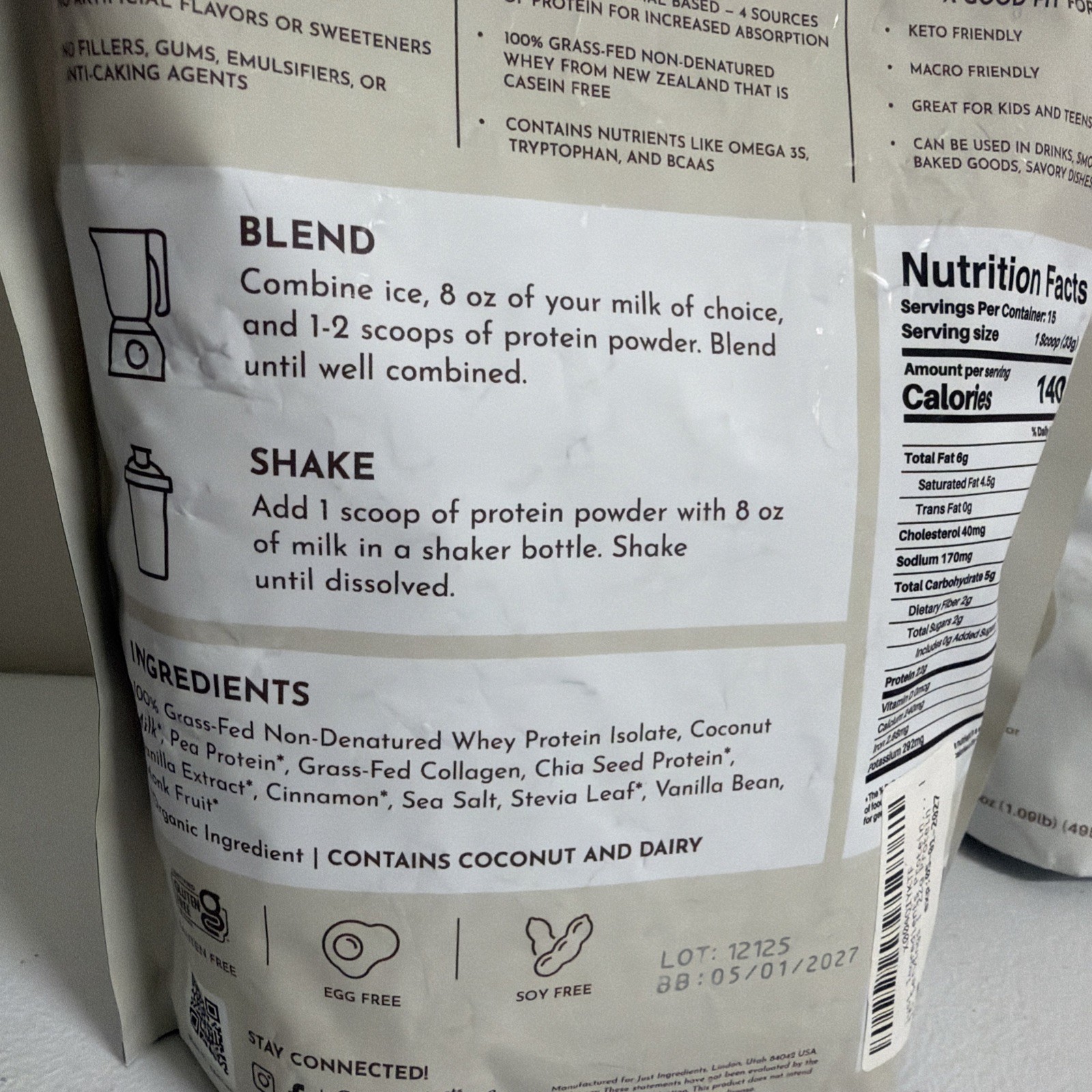 NEW 2xJust Ingredients Vanilla Bean Protein Powder – Clean, Natural 15 serv each
