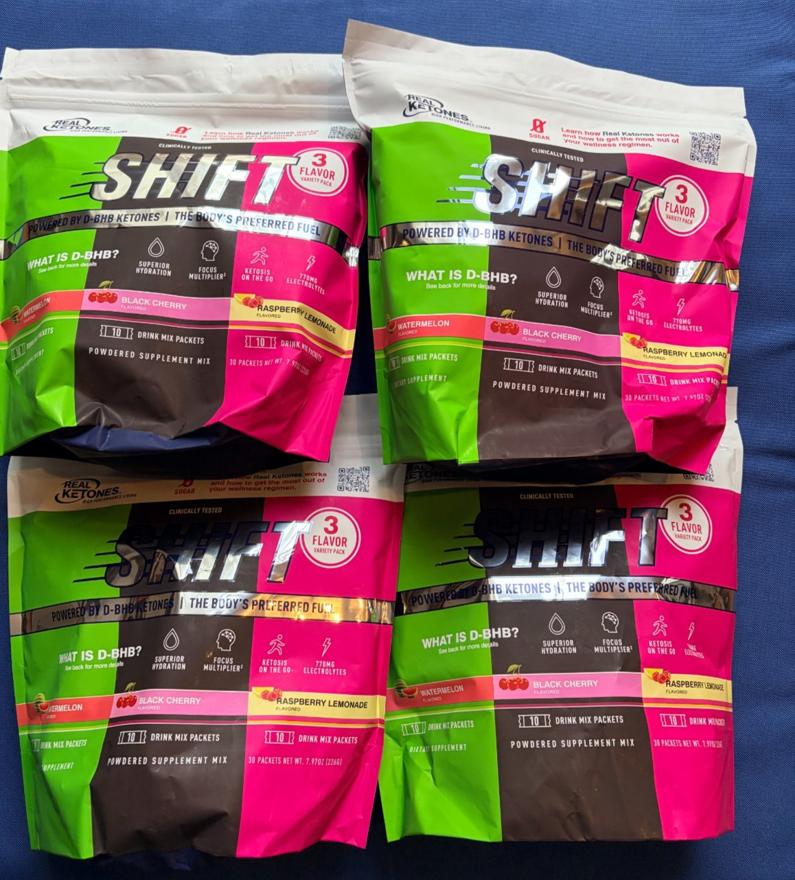 4 x Real Ketones SHIFT Variety Pack, 3 Flavors, 120 Days Supply Packets, Exp 28