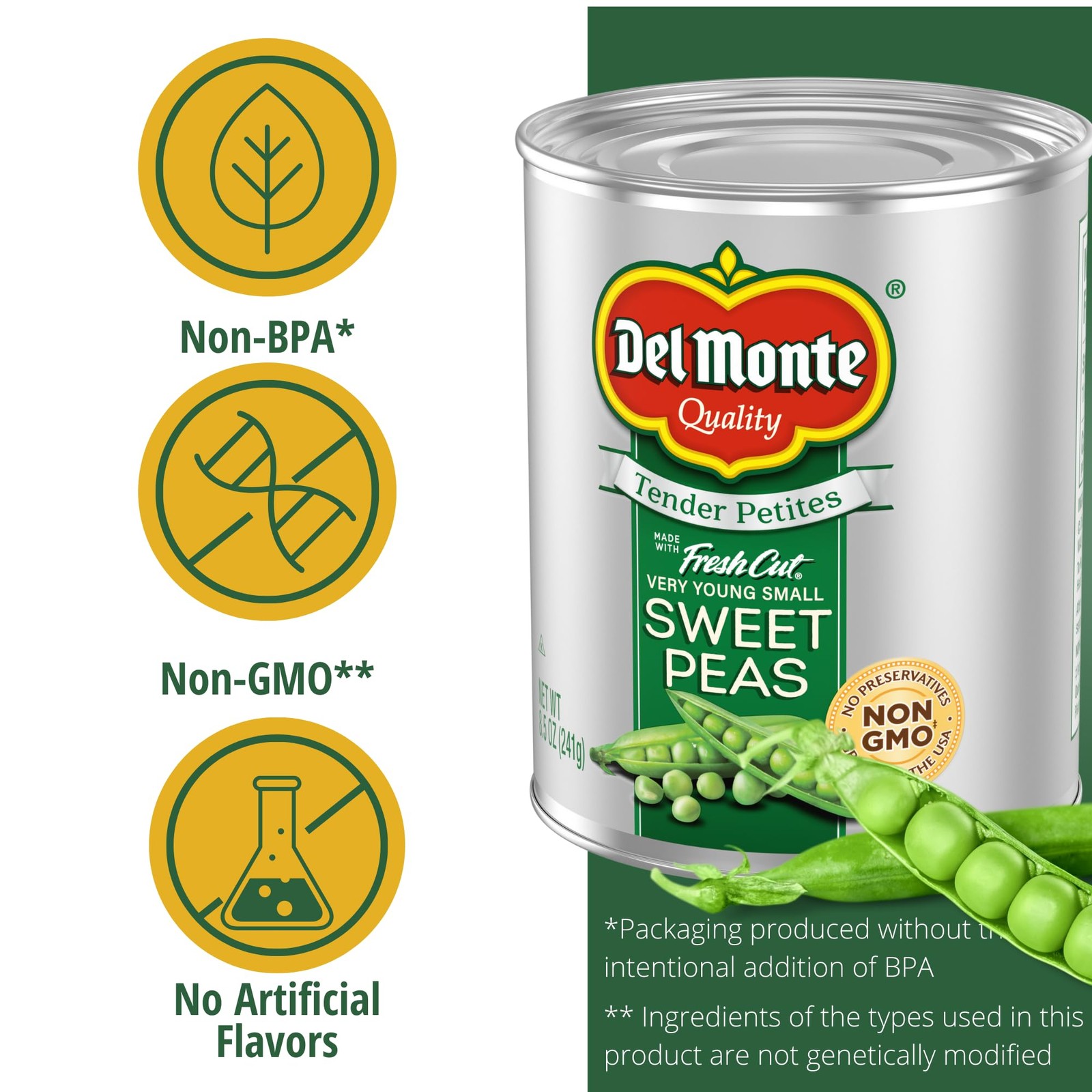 Del Monte Very Young Sweet Peas, 8.5 oz, Can 12 Pack