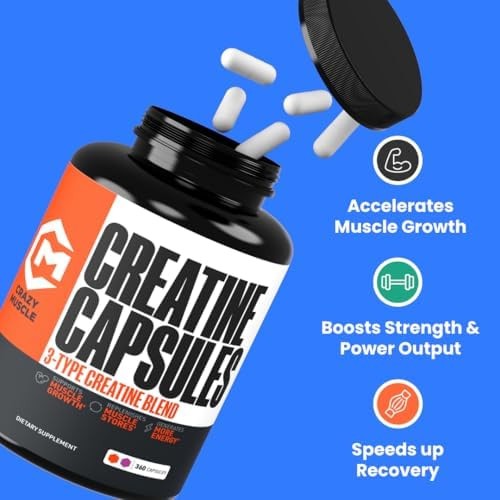 Crazy Muscle ThreeAtine Creatine Monohydrate Capsules 5g Pure, 3X Formula Pre…