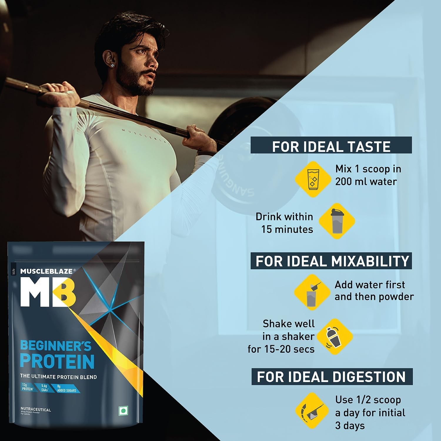 MuscleBlaze Beginner’s Whey Protein Powder, Chocolate (500g / 1.1lbs) | 12g Prot