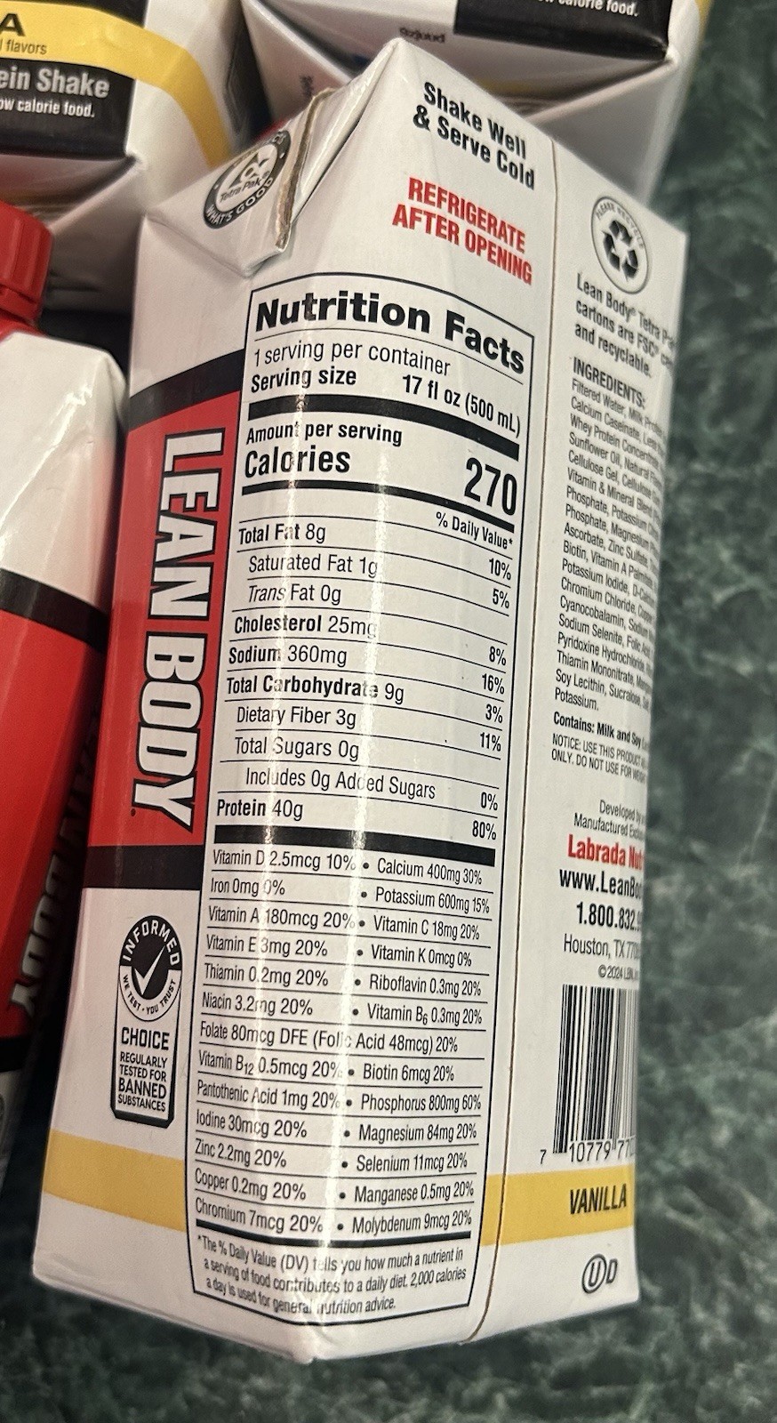 12-Lean Body Protein Shake Vanilla 40g Protein 0g Sugar 17 fl oz BB-04/26/27