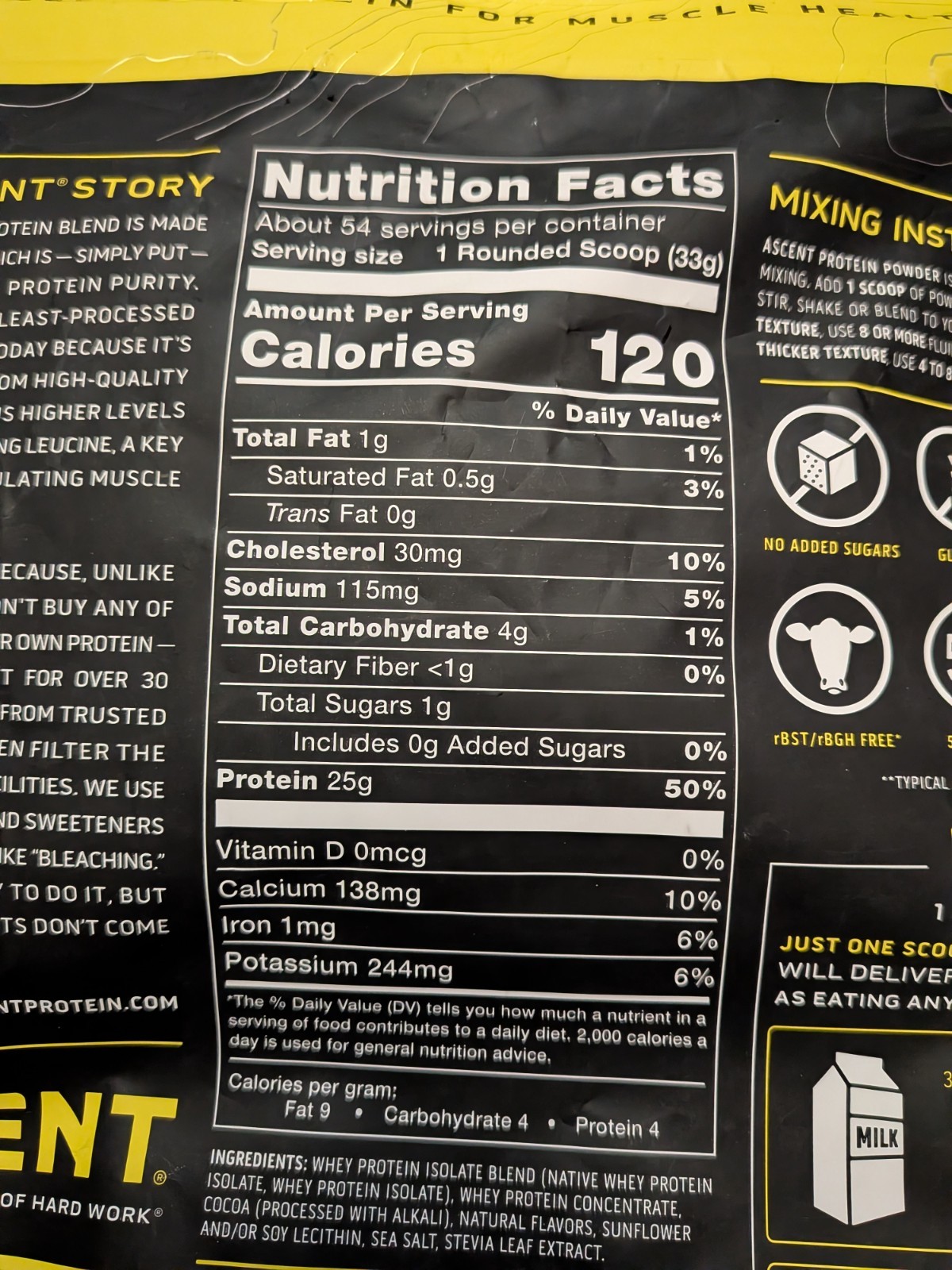 Ascent 100% Native Whey Protein Powder CHOCOLATE 4.25 LB 58 Servings PostWorkout