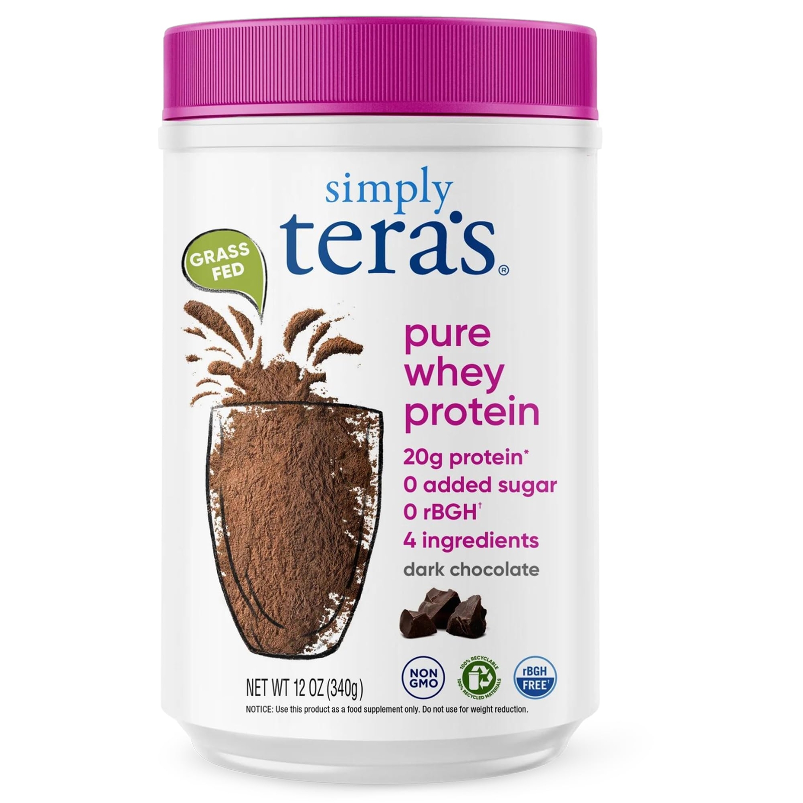 1.5 lb Grass Fed Whey Protein Powder Dark Cocoa Gluten Free Low Sugar