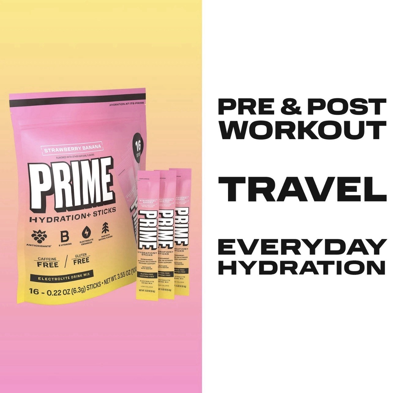 2 Pack PRIME Hydration Strawberry Banana Powder Sticks 16 Ct Each Sugar Free