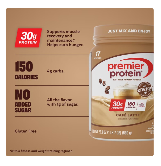Premier Protein 100% Whey Protein Powder, Café Latte, 30g Protein, 23.9 oz, 1.5l