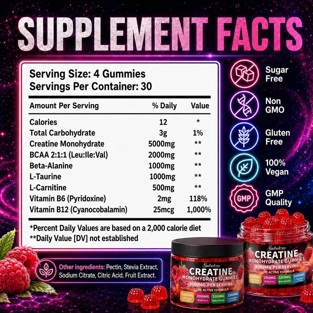 Creatine Monohydrate Gummies with BCAA, Beta-Alanine, L-Taurine, L-Carnitine, Vi