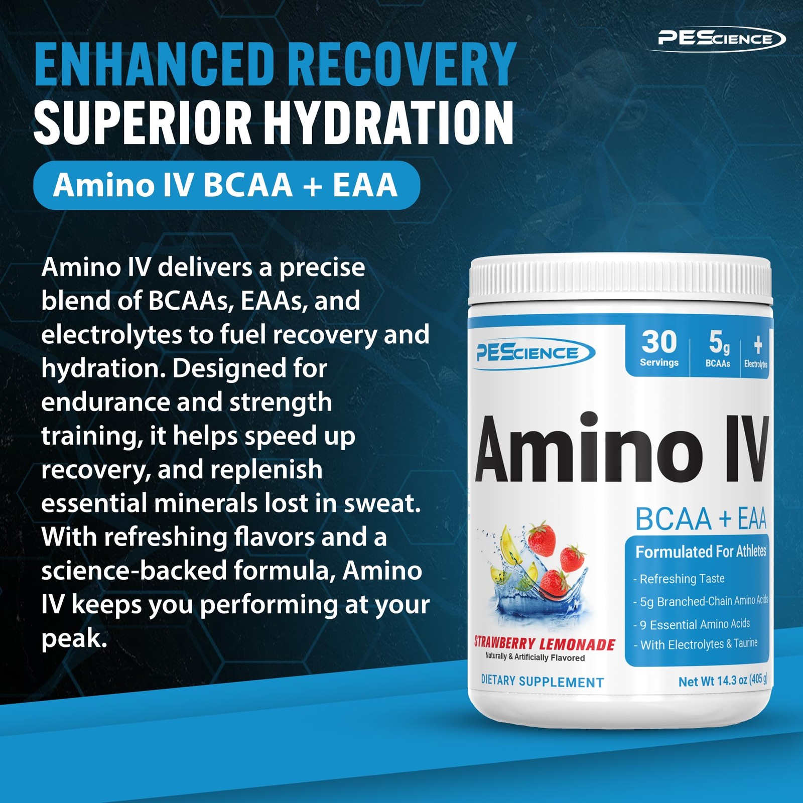 Amino IV Strawberry Lemonade BCAA EAA Powder 5g Amino Acids Sugar Free 14.3oz