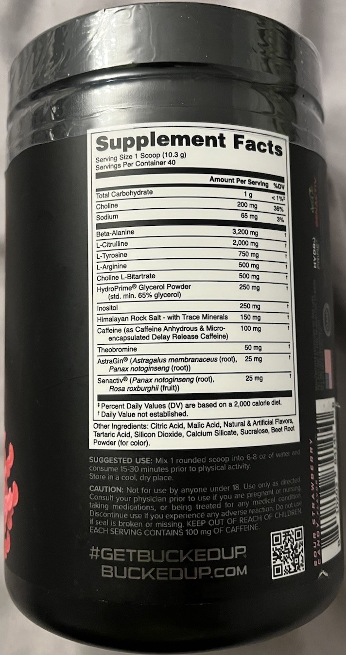 BUCKED UP OVERTIME MAX PRE-WORKOUT STRAWBERRY SUPER SETS 40 SERVINGS -EXP. 08/27