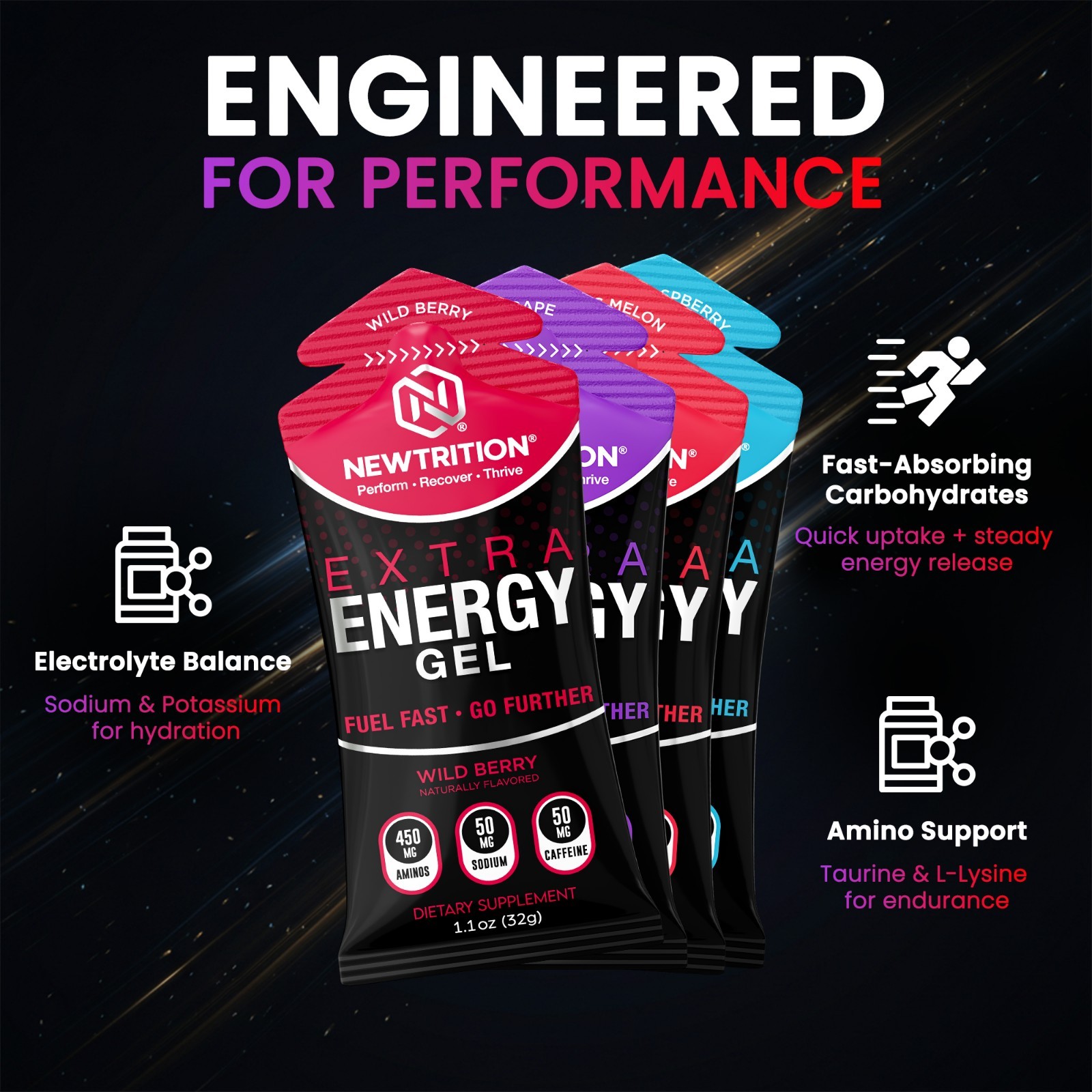 NewTrition Extra Energy Gel Variety Pack 24ct 50mg Caffeine Running Cycling Fuel