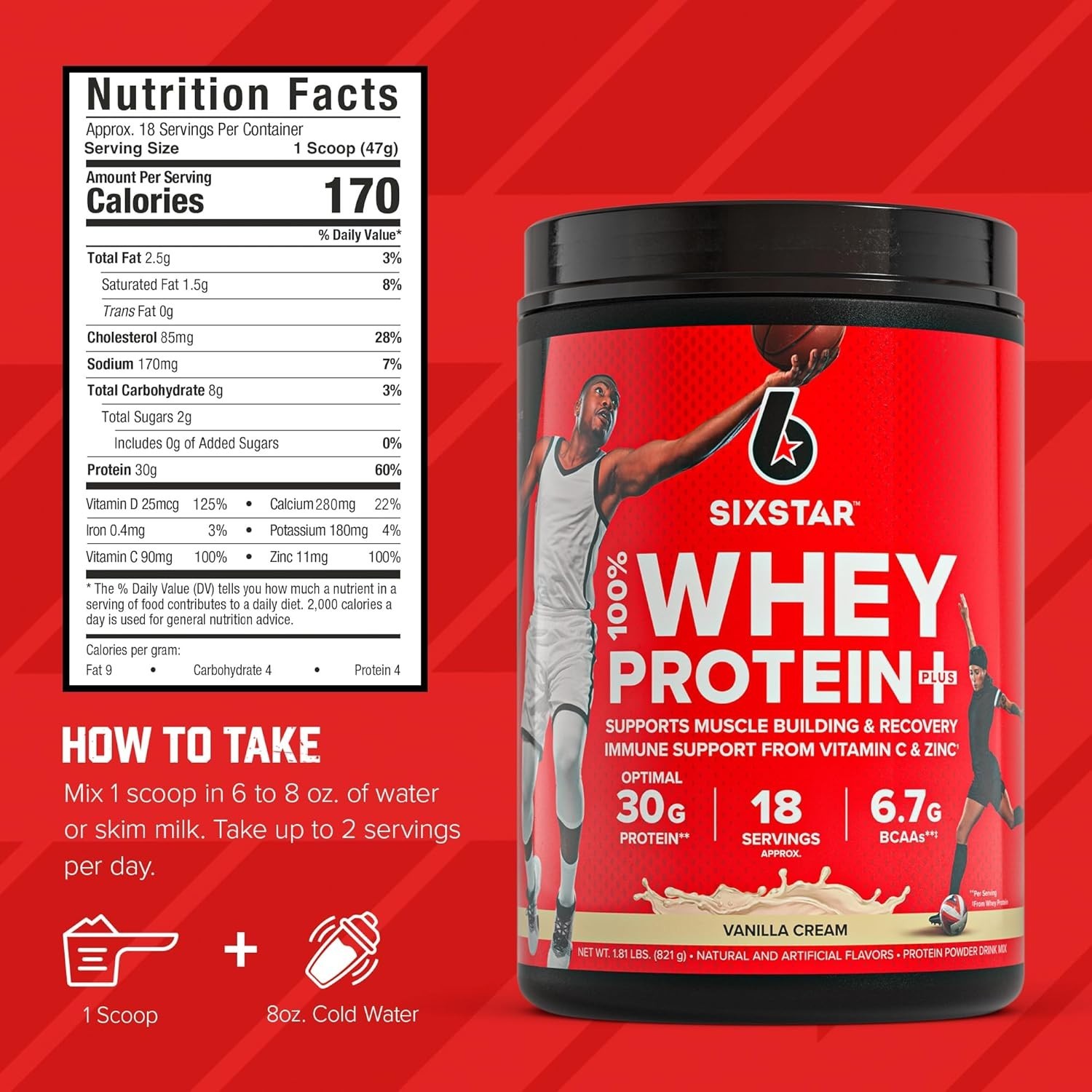 1.8 lbs SIXSTAR Whey Protein Plus – 30g Protein & Immune Boost – 18 Servings