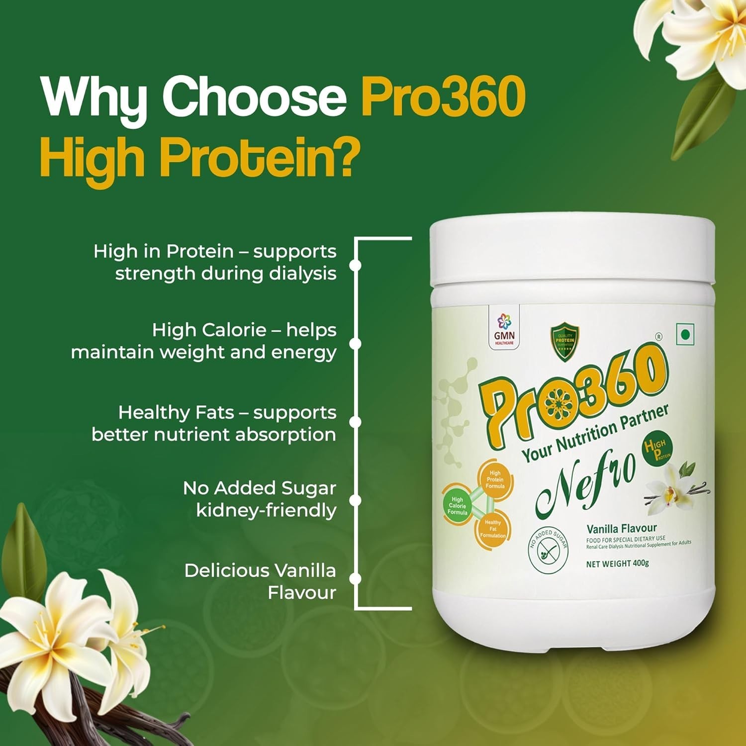 Pro360 Nefro HP Protein Vanilla Flavour Powder – 400 gm