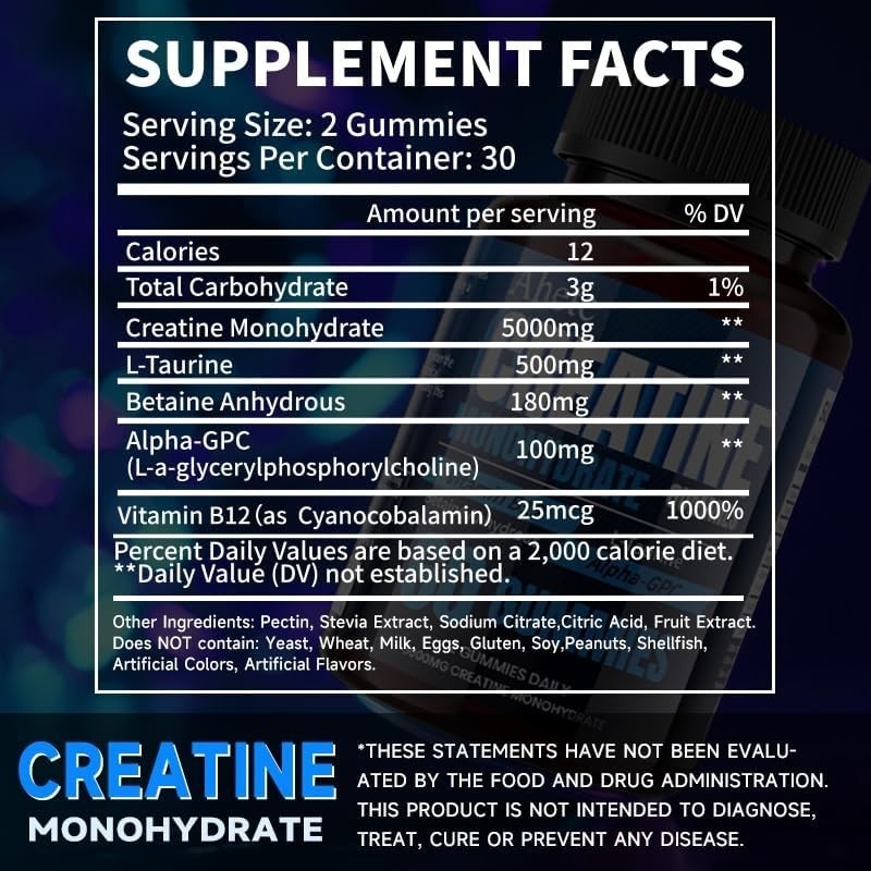 Creatine Monohydrate Gummies – 60 Gummies – 5000mg – Muscle Strength and Energy