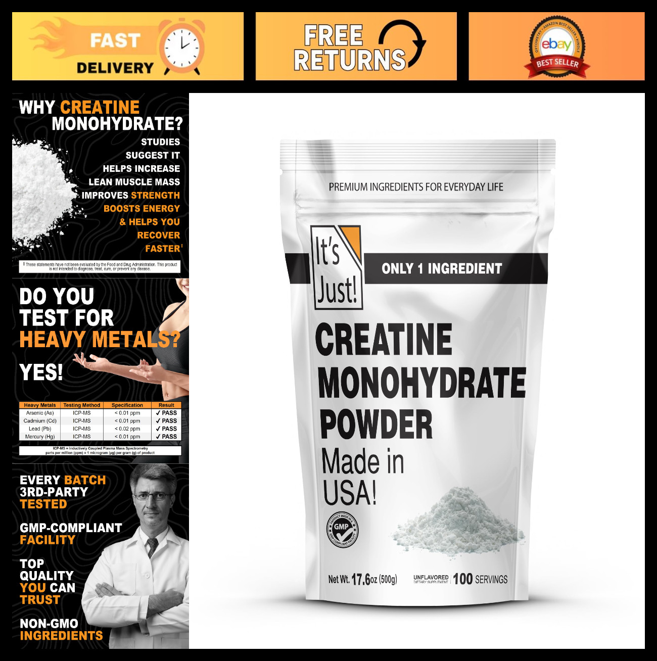 Pure Creatine Monohydrate Powder – 5g Per Serving, Unflavored, 500g, Lab Tested