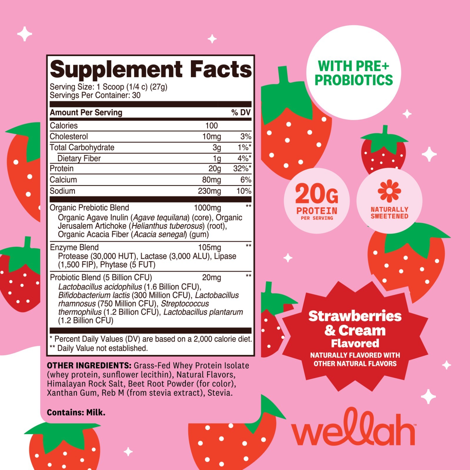 Wellah Grass-Fed Whey Protein Isolate Powder (Strawberries and Cream) 30 Serving
