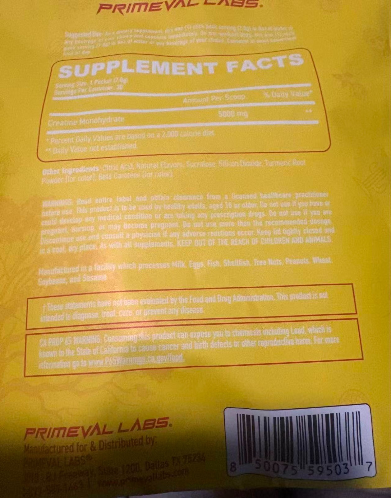 Primeval Labs Clean Creatine Monohydrate Powder 2 packs of 30 per bag