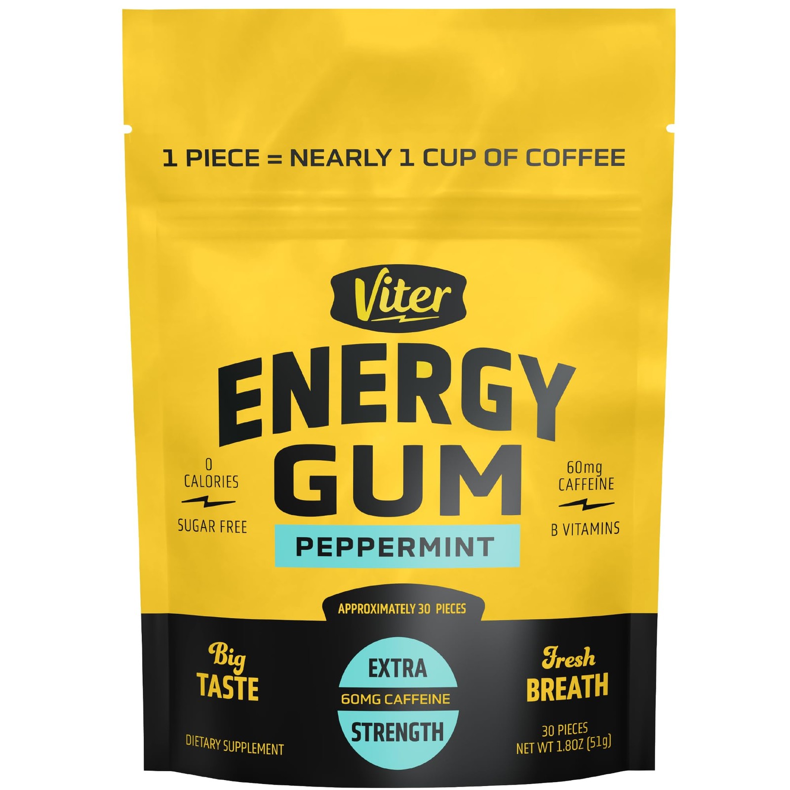 Viter Energy 60mg Caffeine Gum (Peppermint Flavor, 30 30 Count (Pack of 1)