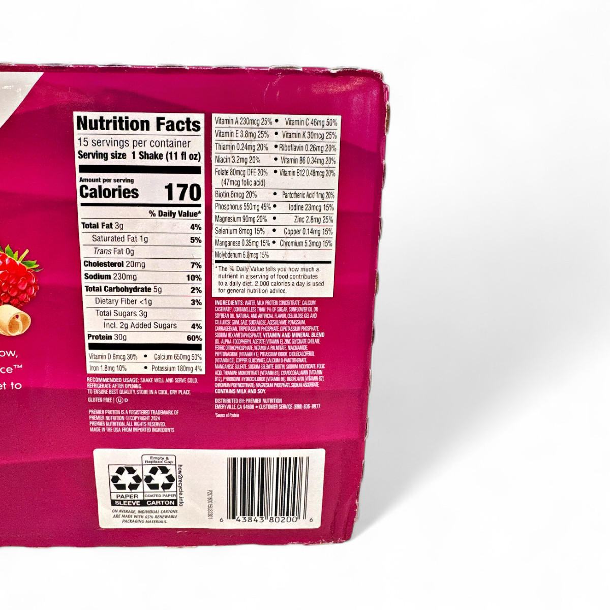 Premier Protein 30g Protein Shake, White Chocolate Raspberry 11oz – 15 Count