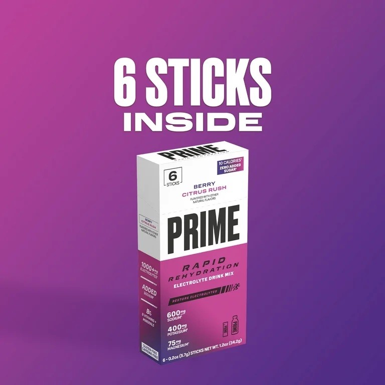 Prime Rapid Rehydration Sticks, Berry Citrus Rush, 6 Count, Box