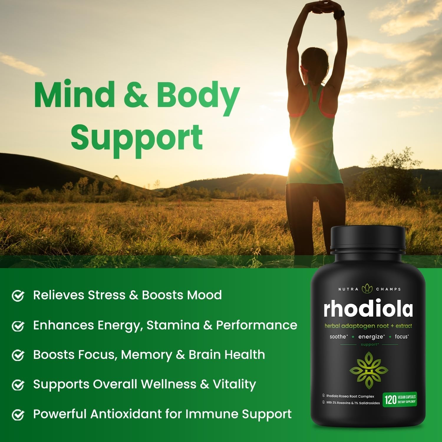 NutraChamps Rhodiola Rosea Supplement 600mg | 120 Vegan Capsules
