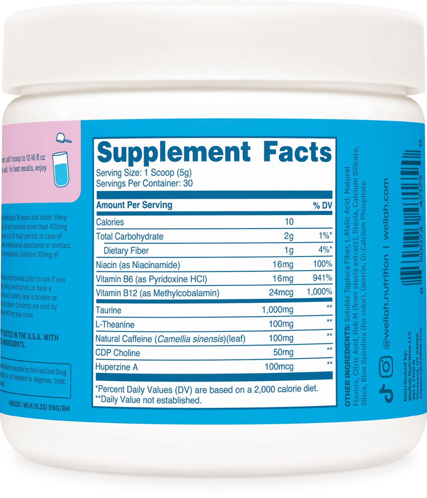 Wellah Energy Powder (Blue Hawaii) 30 Servings – Water Enhancer with Caffeine
