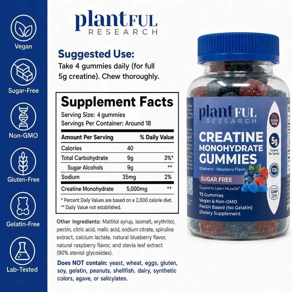Creatine Monohydrate Gummies Sugar Free – 5g Creatine Per Serving – Blueberry…