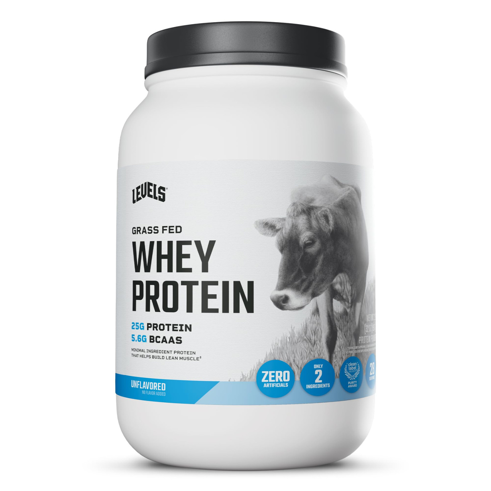 Levels Grass Fed Whey Protein Powder Unflavored 2LB Clean 25g Protein BCAAs