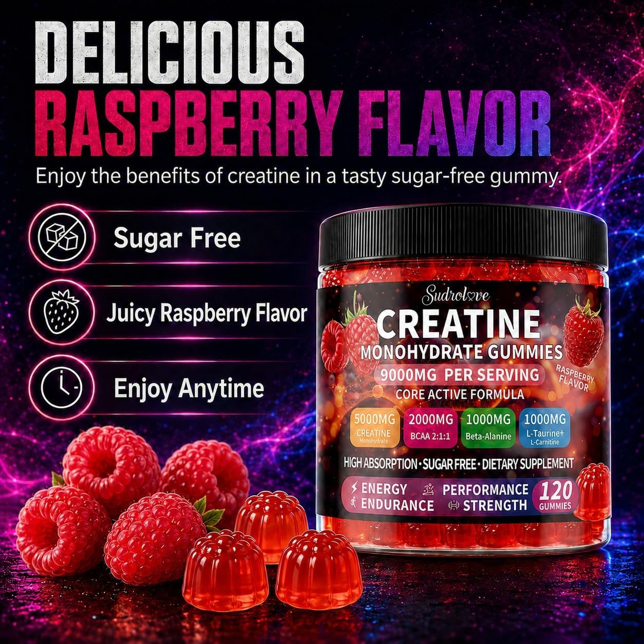 Creatine Monohydrate Gummies with BCAA, Beta-Alanine, L-Taurine, L-Carnitine, Vi