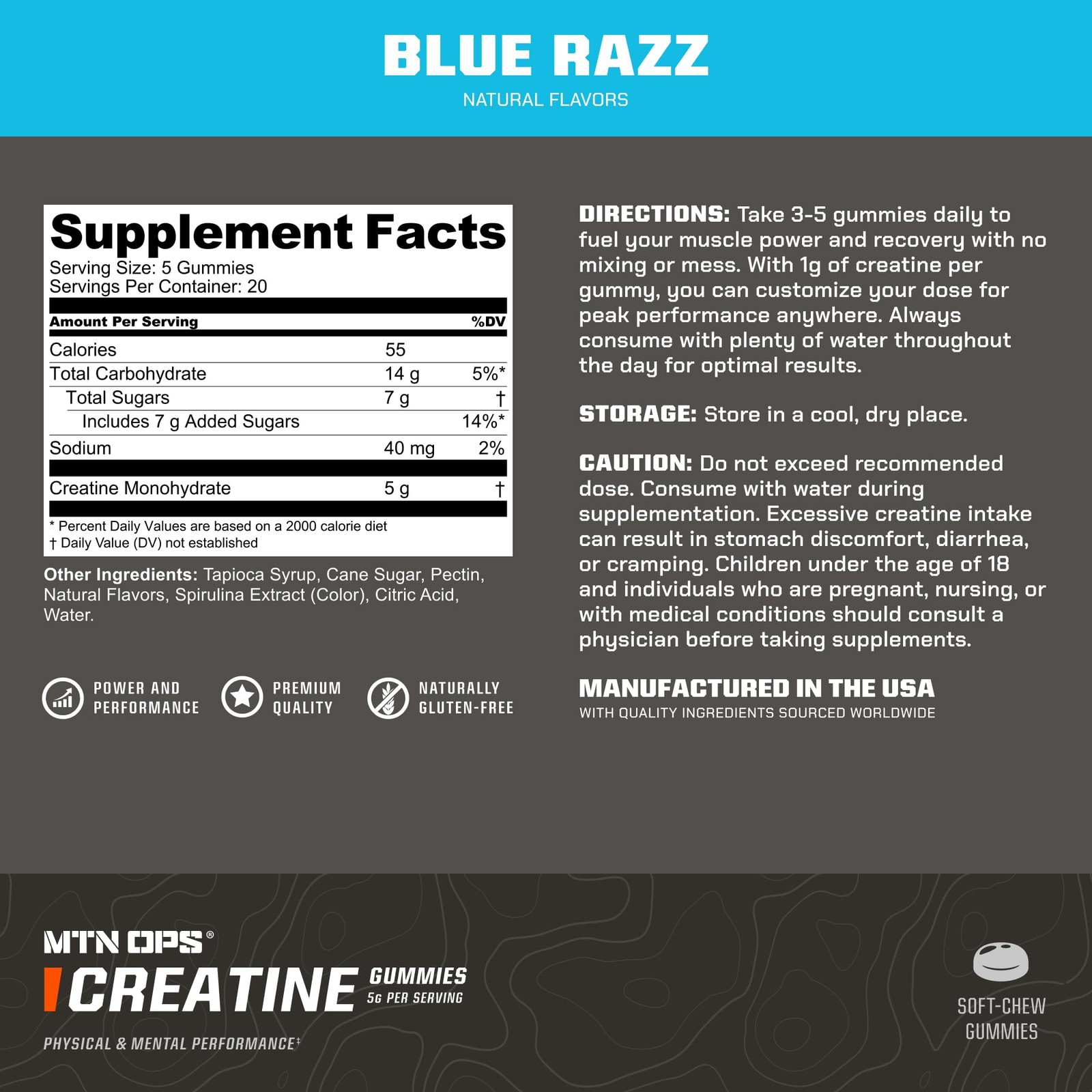 MTN OPS Blue Razz Creatine Gummies 100 Ct