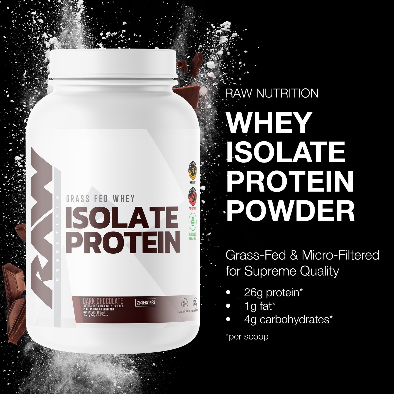 RAW Whey Isolate Protein Powder, Dark Chocolate – 100% Grass-Fed Sports