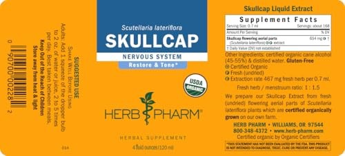 Herb Pharm Certified Organic Skullcap Liquid Extract Nervous System Support 4oz