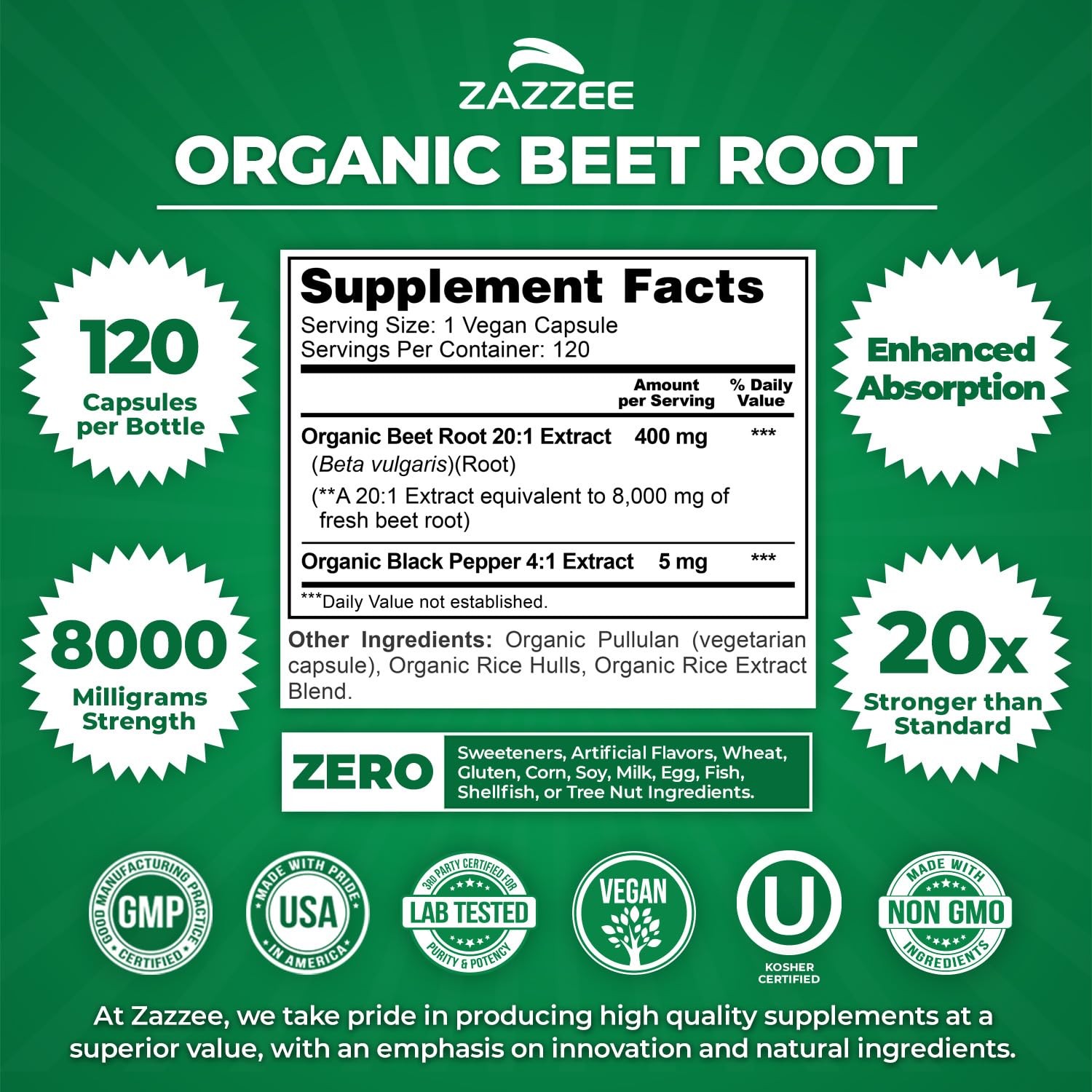 Zazzee Usda Organic Beet Root 8000 Mg Strength 201 Extract 120 Vegan Quick