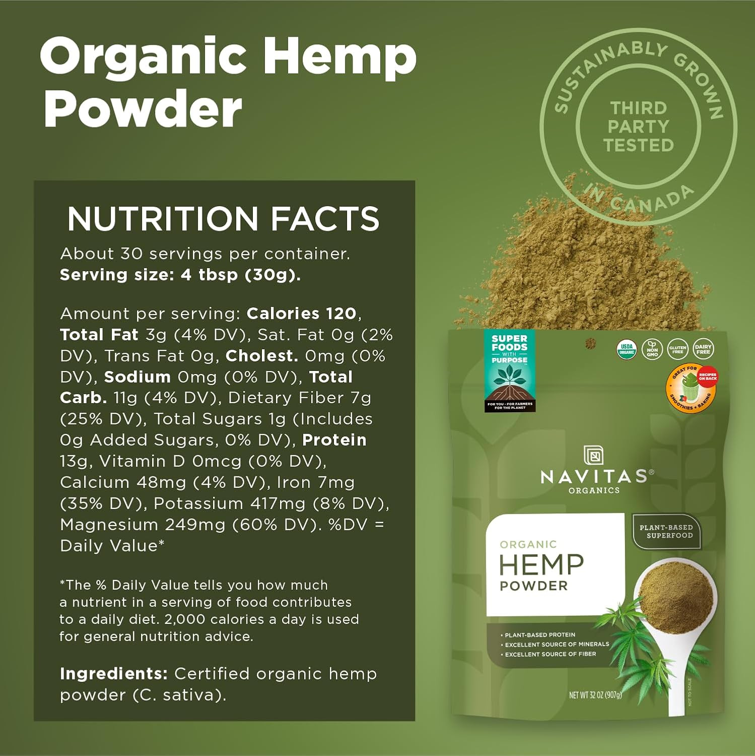 Hemp Powder – Vegan Protein, Fiber & Minerals – for Smoothies, Oatmeal, Baking ,