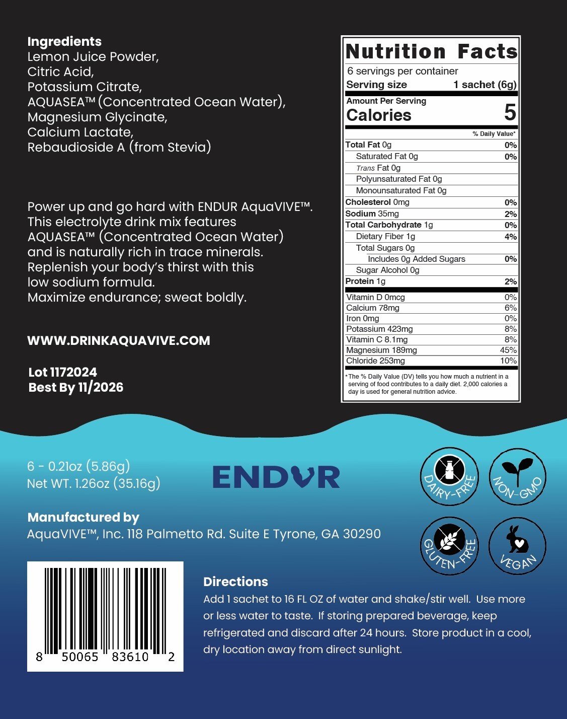 AquaVIVE™ ENDUR™ Lemon Electrolyte Powder Drink Mix Magnesium Glycinate 6 Packs