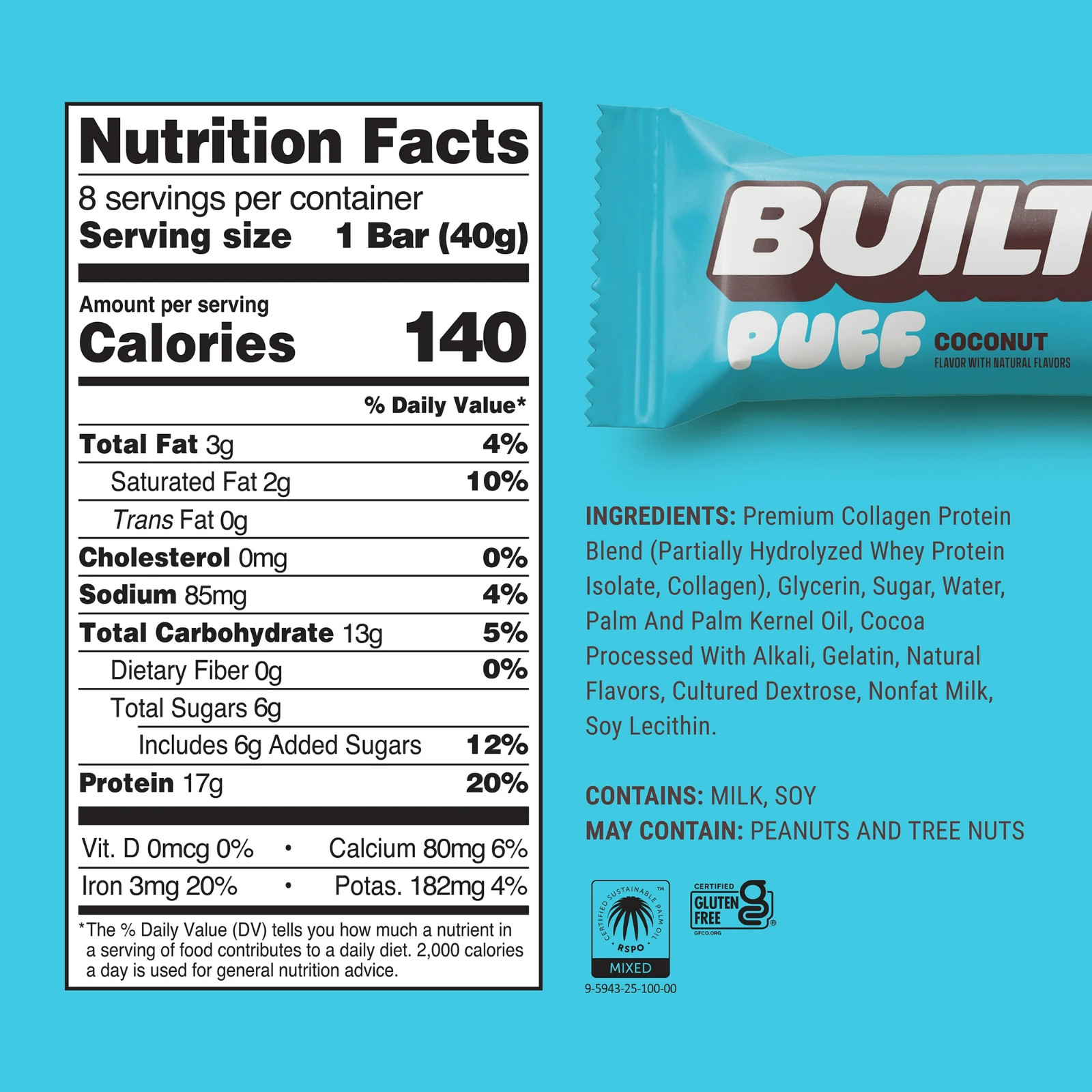 BUILT Puff Protein Bar, Peanut Butter Cup, 15g Protein, Collagen, 150 Calories