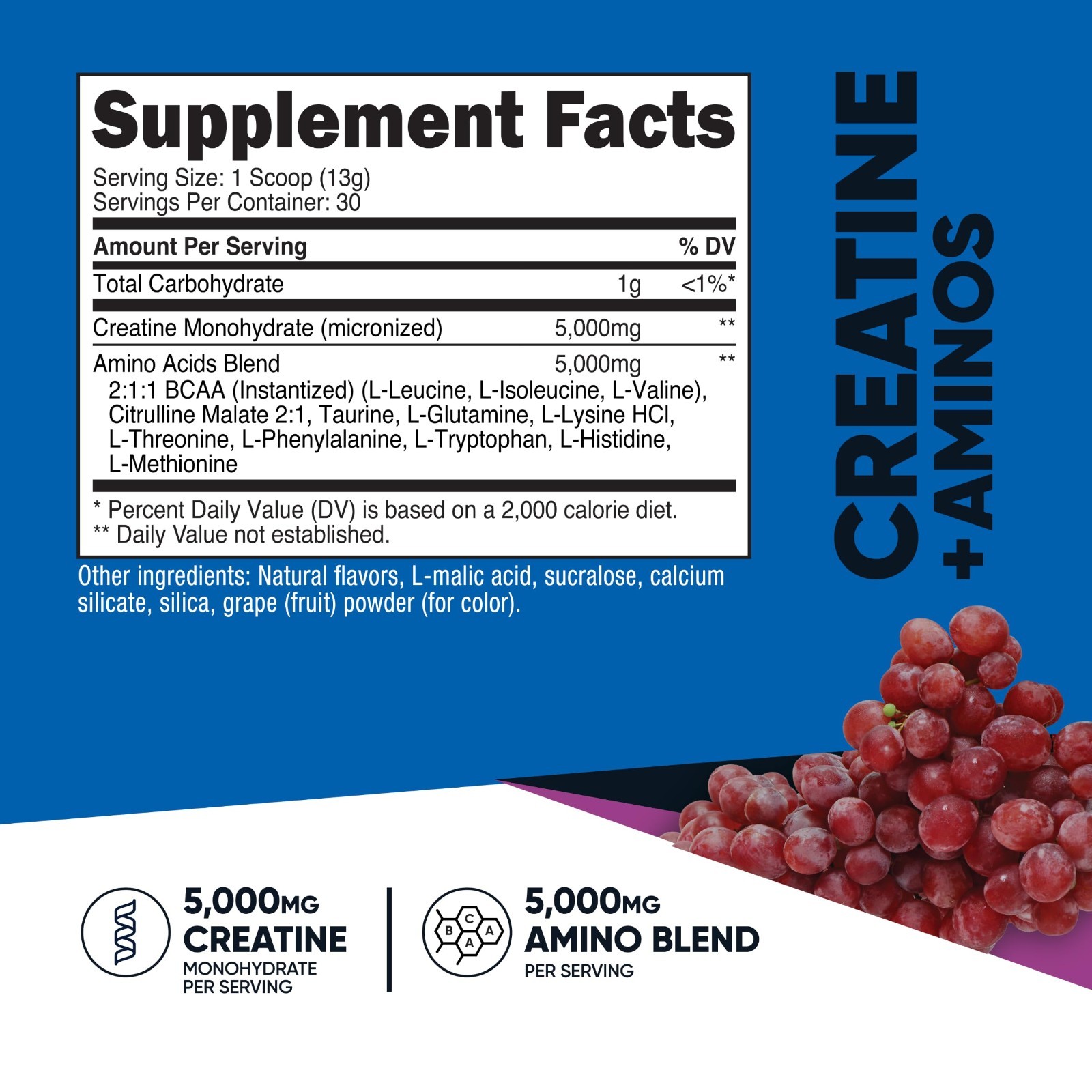 Creatine & Amino Acids Powder – Grape Flavor, 30 Servings, Gluten-Free, 5g Creat