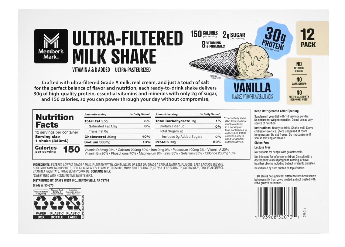Member’s Mark Ultra-Filtered Milk Shake,Vanilla, 11.5 fl. oz.,12 pk. 30g Protein