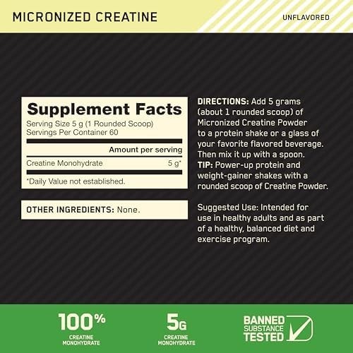 Optimum Nutrition Creatine Monohydrate Powder, Unflavored, 300g 60 Servings
