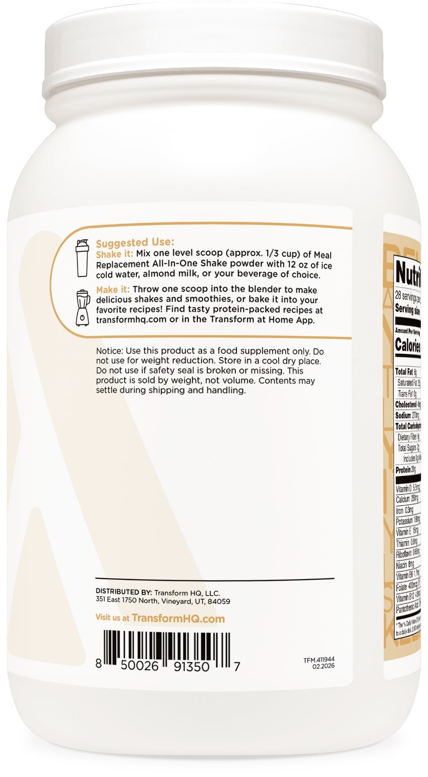 TransformHQ Meal Replacement Shake Powder 28 Servings (Vanilla) – Gluten Free