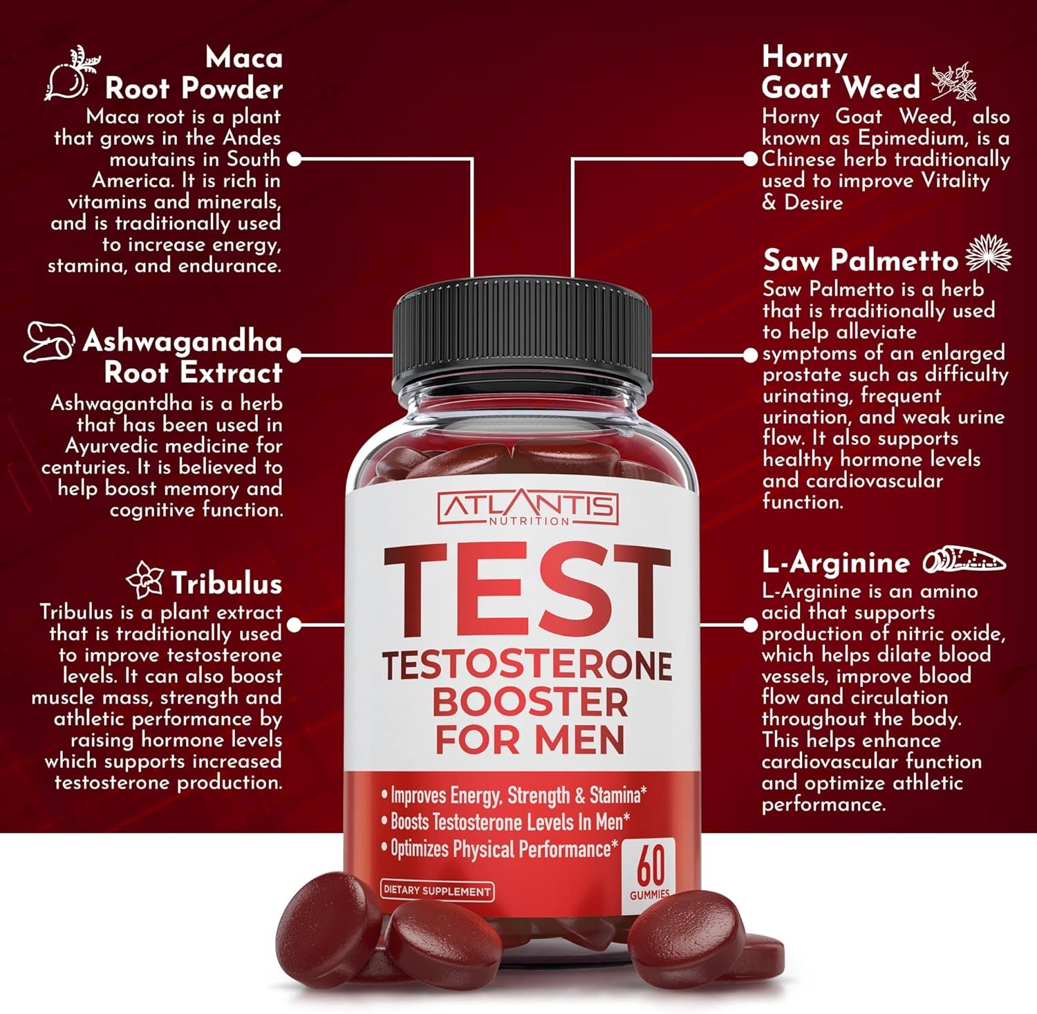 Atlantis Nutrition Testosterone Booster For Men Gummies 60 Count (Pack of 1)