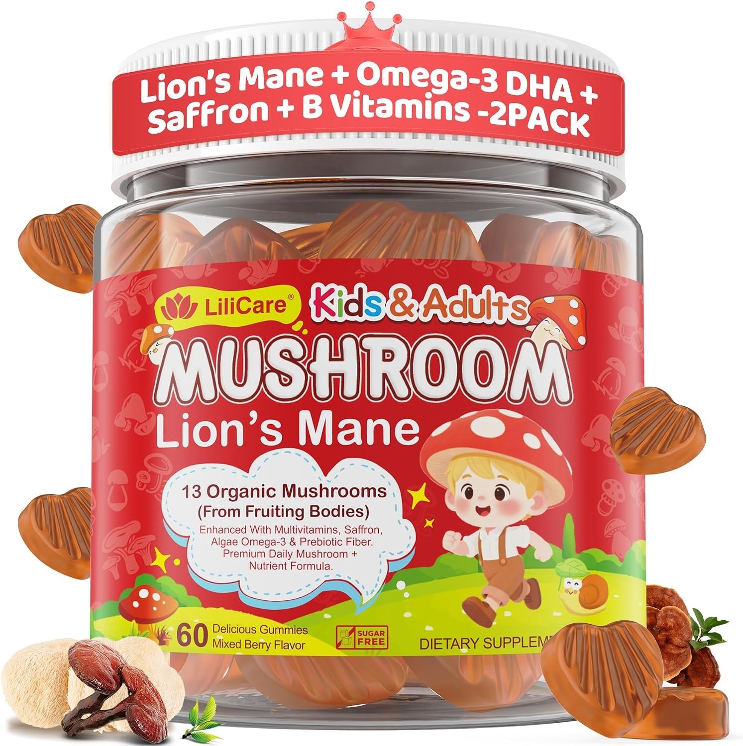 Lions Mane Mushroom Focus Gummies for Kids, Teens & Adults, 24-IN-1 Brain Gummy