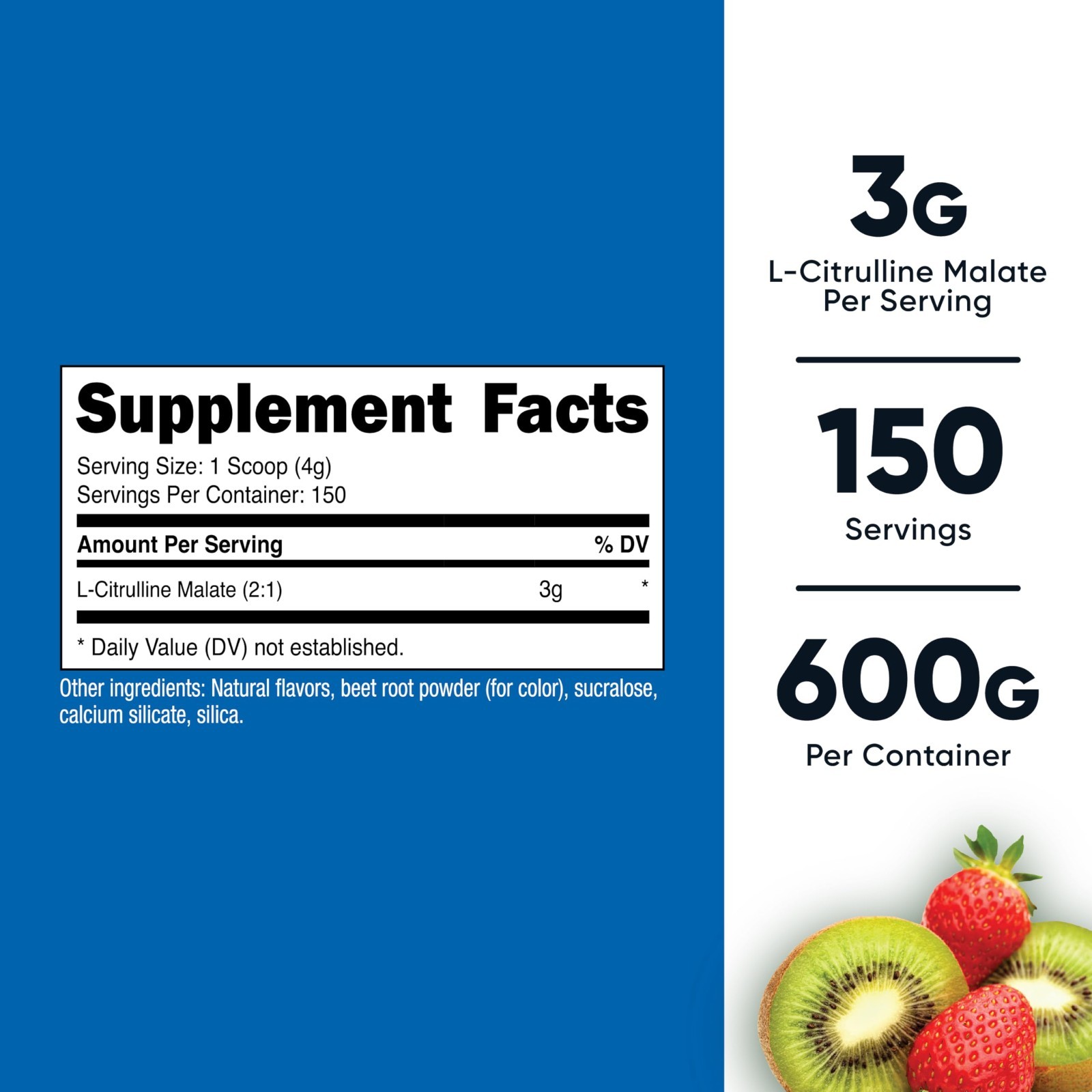 L-Citrulline Malate 2:1 Powder – 600g Strawberry Kiwi Flavor – Muscle Recovery &