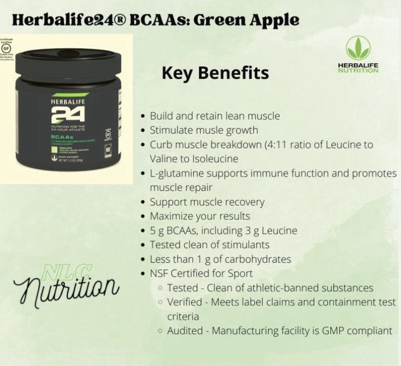 Herbalife BCAAs Green Apple Powder 7.2 oz NSF Certified Gluten-Free