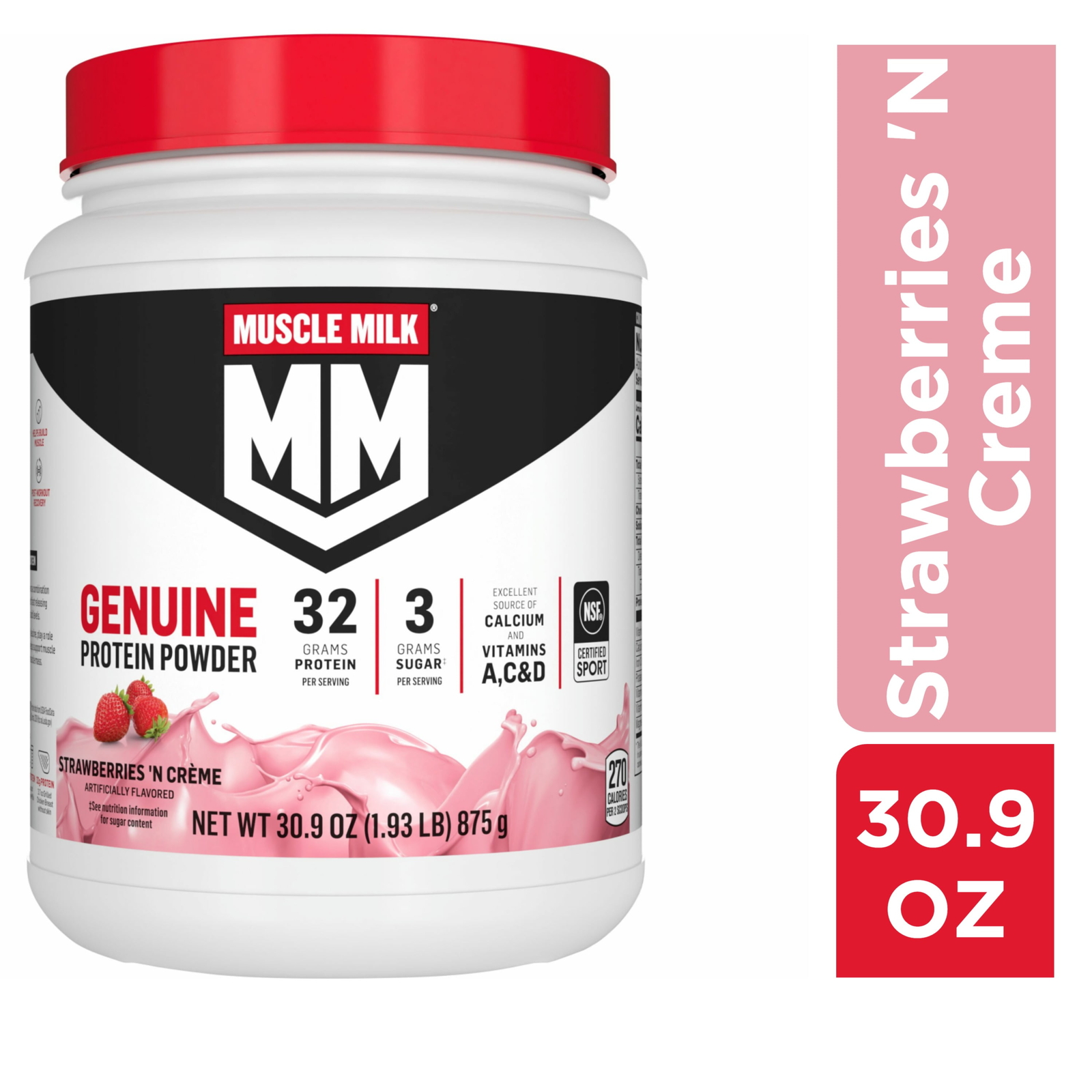 Muscle Milk Genuine Protein Powder, Strawberries ‘N Crème, 32g Protein,