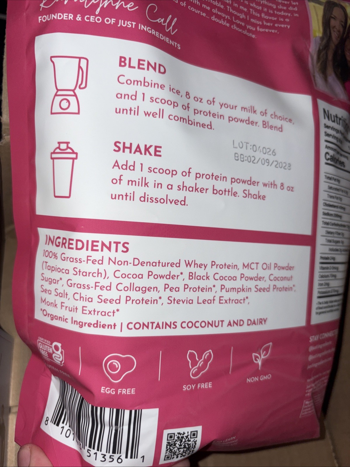 Just Ingredients Double Chocolate Protein Powder 2.63 Lb Exp 02/09/2028