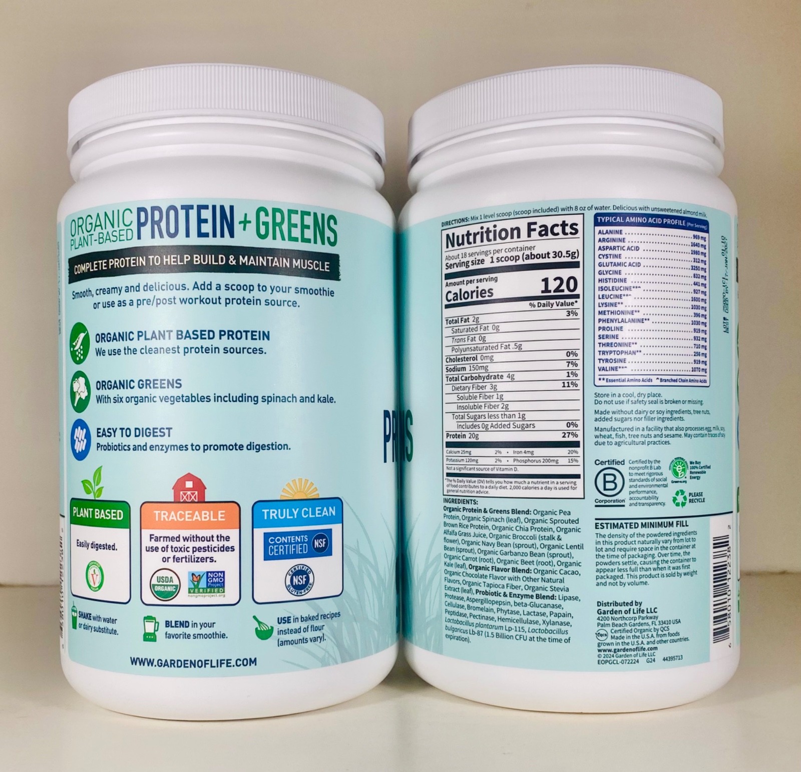 2 Jugs Garden of Life Organic 20g Protein + Greens, CHOCOLATE, 19.4 oz, Vegan+GF
