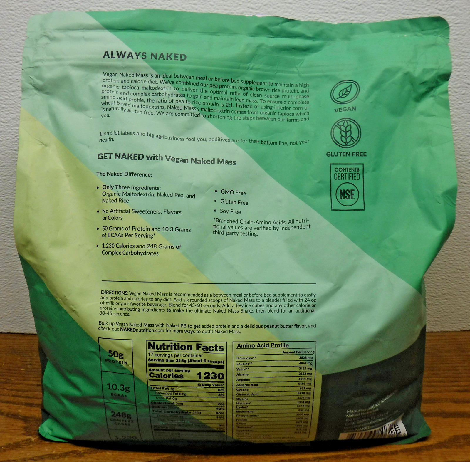 NAKED MASS Weight Gainer Protein Powder, Unflavored Vegan, 12 lb bag, BB 03/28