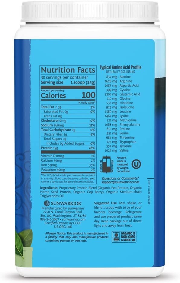 Sunwarrior Warrior Blend Organic Vegan Protein Powder BCAA Unflavored 1.65 lbs