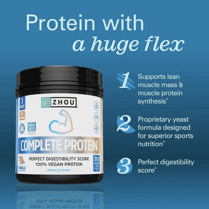 Zhou Complete Protein Vanilla 100% Vegan Protein, No Sugar Added (19.9oz)